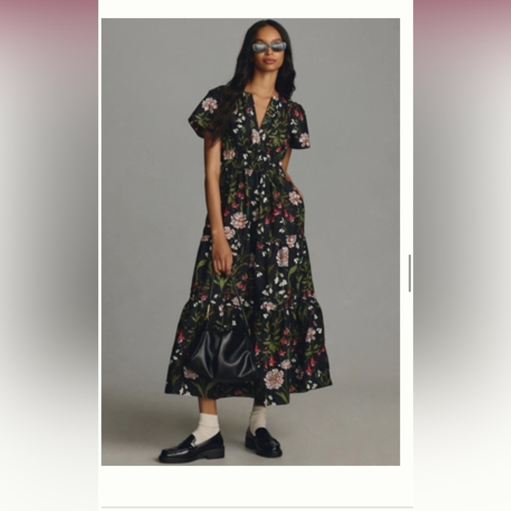 Anthropologie Somerset Floral Black Maxi Dress, Size Small